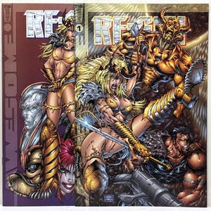 May include: Comic book cover featuring the title "RE" in bold white letters. The artwork depicts several characters in a fantasy setting, including a blonde woman in gold armor wielding a sword, and a metallic-skinned figure.