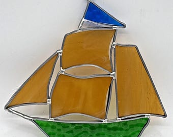 Vintage Stained Glass Sailboat Boat Ship Nautical 7" x 6-1/2" Multicolor