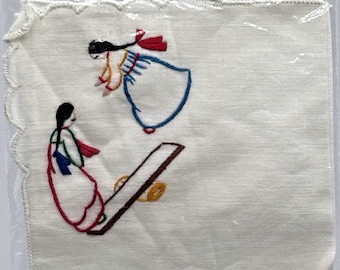 Vtg 1950's Women's Embroidered Korean Handkerchief Girls on a Seesaw 9" Square