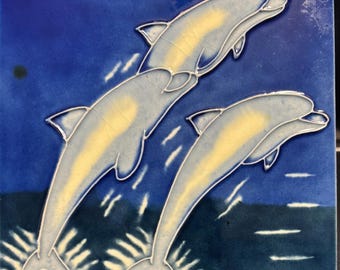Handpainted Ceramic Art Tile: Glazed Dolphin Pod, 6"x6"