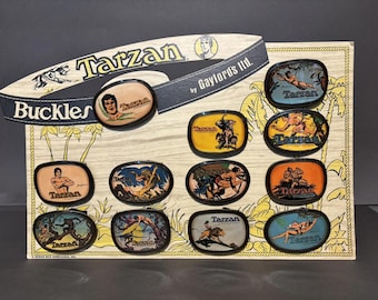 1975 Tarzan Belt Buckles Set: Rare Store Display - Enamel Accents