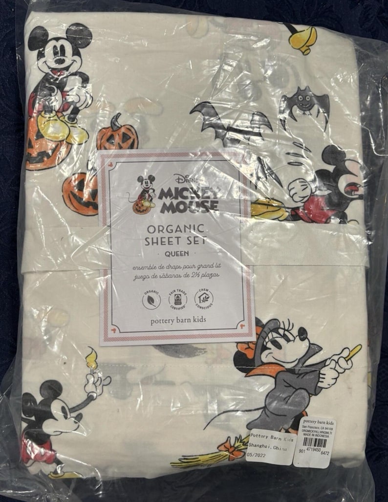Mickey Mouse Queen Size Organic Sheet Set Halloween Theme Brand New Pottery Barn image 1