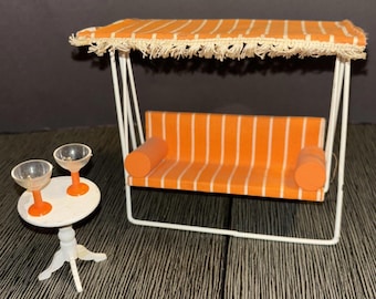 Vintage Dollhouse Furniture Outdoor Orange Swing Canopy, Table, Matching Glasses