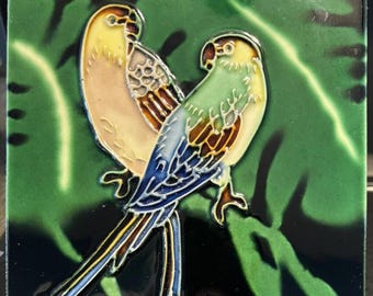 Handpainted Ceramic Art Tile: Glazed Parakeet Pair, 6"x6"