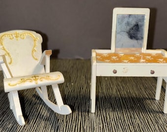 Vintage Lundby Dollhouse Furniture Rocking Chair & Dressing Table w Mirror 1970s