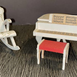 Vintage Lundby Dollhouse White Grand Piano with Stool and Rocking Chair
