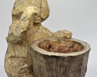 Vintage Faux Wood-Carved Resin Whimsical Cat Planter 8" x 7-1/2"