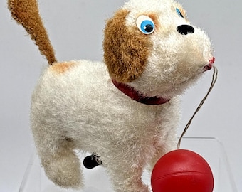 Vintage 1960's ALPS Wind-Up Dog with Ball Toy Tail Spins! 5-1/2" Very cute!