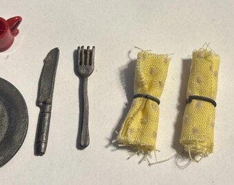 Vintage Lundby Dollhouse Miniature Plates Utensils Cups Napkins 1970's