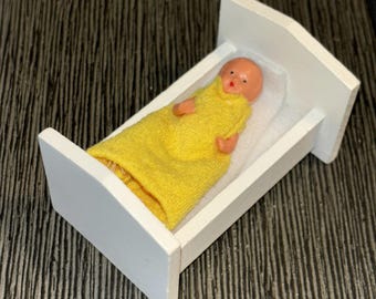 Vintage Lundby Dollhouse Furniture Baby Bed Crib Cradle w Baby 1970's