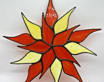 Vintage Stained Glass Orange & Yellow Flower Suncatcher 12" x 12" Spectacular