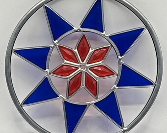 Vintage Handcrafted Stained Glass Flower in a Star Circle Suncatcher 6-3/8"