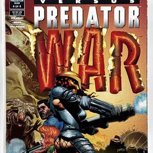 May include: Comic book cover for "Aliens Versus Predator: War" issue 4 of 4. The cover features a Predator-like figure in armor aiming a weapon. The title "WAR" is in large, fiery letters. Other figures are in the background.
