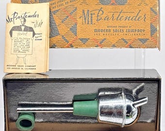 Vtg 1950's Mr. Bartender Chrome Liquor Bottle Pourer & Jigger in Original Box