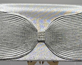 Vtg Silver Clutch Textured Bow Bag Purse Evening Wear 9" x 5" w Shoulder Cord