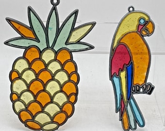 Vintage Stained Glass Parrot and Pineapple Suncatcher Pair Caribbean Flair