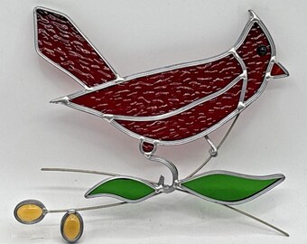 Vintage Stained Glass Northern Cardinal Suncatcher 7" x 6" Beautiful