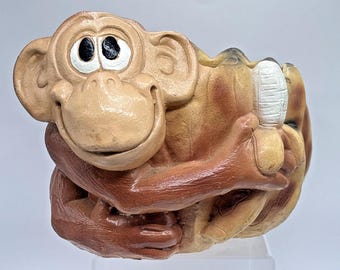 Vintage 1978 Ceramic Monkey w Banana Planter Artist Signed and Dated 9" x 6-1/2"