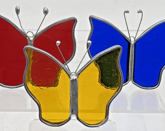 Vtg Stained Glass Butterfly 3 Set Yellow Red Blue 3" x 3" Tiffany Stained Glass?