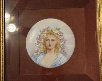 Antique Sevres Painting on Plate Signed Rochette in ORIGINAL FRAME Blue Gown