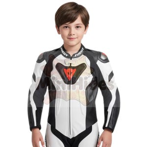 Kids Black and White Leather Motorcycle Suit – Youth Racing Costume & Protective Biker Gear - Kids Leather Biker Costume