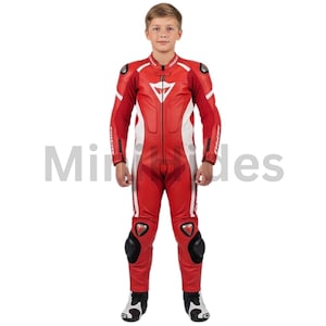 Kid&#39;s Red and White Motorcycle Gear - Durable Leather Motorcycle Racing Suit - High-Quality genuine Leather Motorcycle Racing Suit