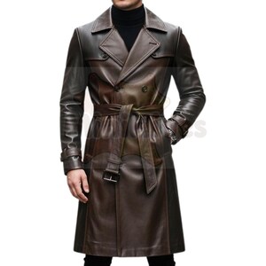 Handmade Brown Leather Trench Coat: Genuine Leather Overcoat