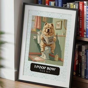 Retro Japanese Dog Puppy Bathroom Print – Funny Chow Chow Wall Art – Quirky Kawaii Poster – A3 A2 Print – Cute Japan-Inspired Decor