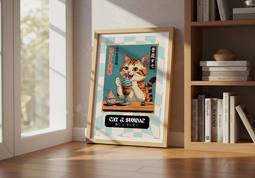 Retro Japanese Cat Eating Ice Cream Gelato Print – Vintage Neko Wall ...