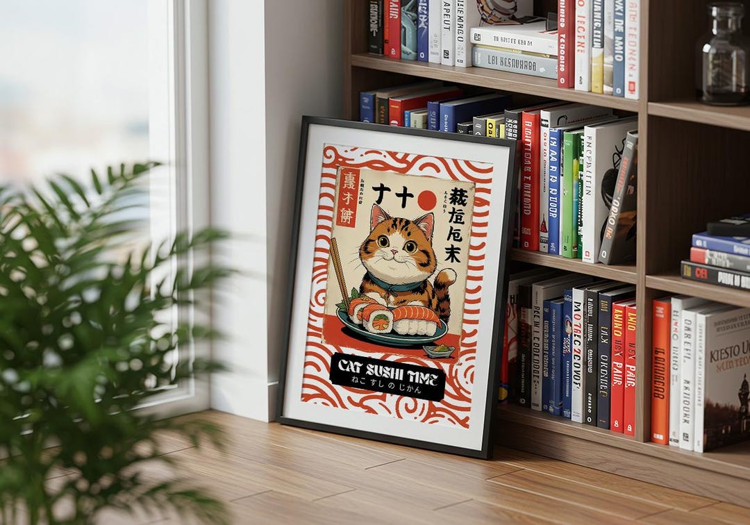 Retro Japanese Cat Sushi Print – Vintage Neko Wall Art – Quirky Kawaii ...