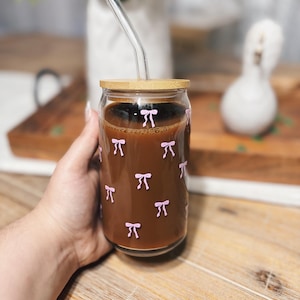 Pink Bow Glass Tumbler | 16oz Clear Glass Tumbler with Lid and Straw | Iced Coffee Cup
