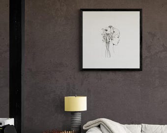 Floral Mind Art Print: Minimalist Botanical Woman Portrait (Digital Download