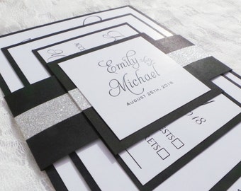 black white wedding invitations etsy