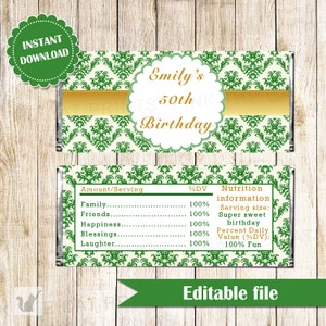 Damask Candy Bar Label - Birthday Party Wrapper Emerald Green Gold Editable File Printable INSTANT DOWNLOAD
