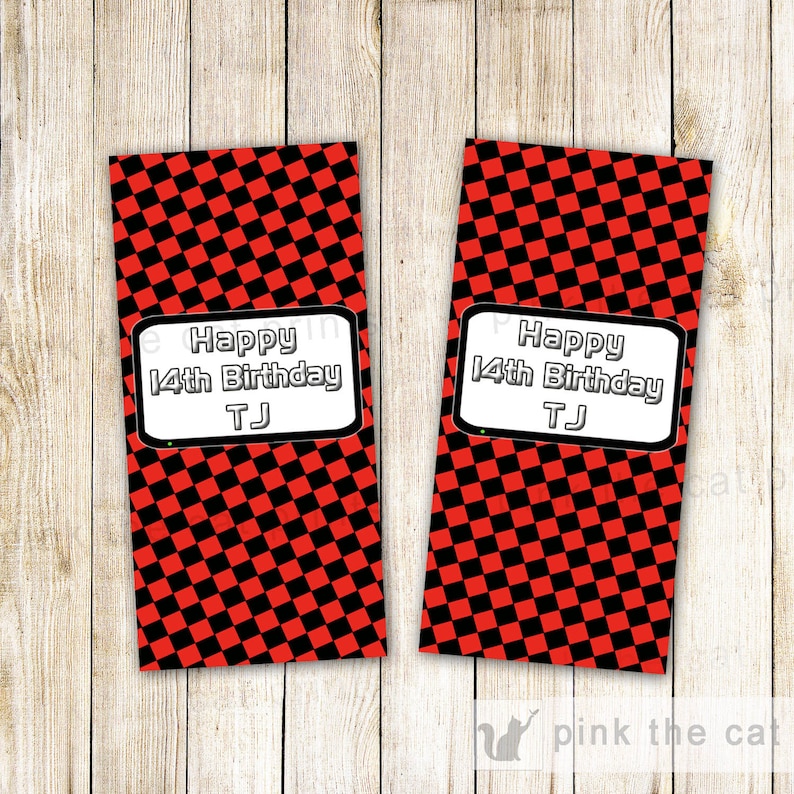 Kids Birthday Party Favor Mini Bar Wrappers Red Black Checkered Printable Personalized Video Game Candy Label