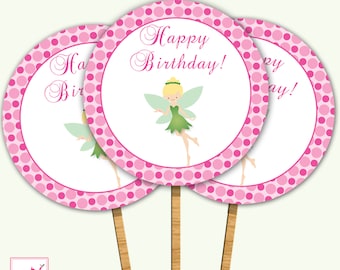 Printable Cute Green Fairy Pixie Cupcake Topper - Birthday Party Decoration or Baby Shower Supplies Hot Pink Polka Dots Circles