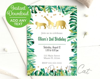 Jungle Invitation Safari Animals Gold Green Jungle Theme Party for Kids Birthday or Baby Shower Instant Download