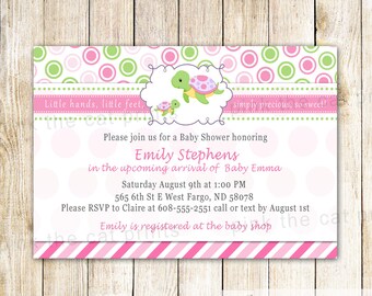 Turtle Baby Shower Invitation - Pink Green Stripes Polka Dots Baby Girl Shower Invite Under The Sea Ocean Printable Personalized