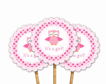 INSTANT DOWNLOAD Pink Owl Printable Baby Shower Cupcake Toppers - Polka Dots Its A Girl Baby Shower Decorations Scalloped Tags Stickers