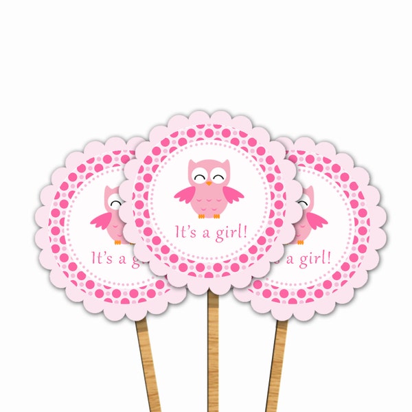 INSTANT DOWNLOAD Pink Owl Printable Baby Shower Cupcake Toppers - Polka Dots Its A Girl Baby Shower Decorations Scalloped Tags Stickers