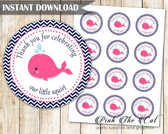 Whale Gift Favor Labels, Nautical Gift Favor Thank You Tag, Printable Hot Pink Navy Blue Whale Favor Labels Girl Baby Shower INSTANT DOWNOAD