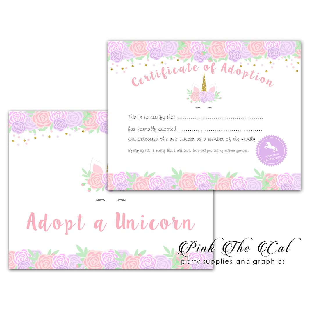 Unicorn Certificate of Adoption and Adopt a Unicorn Sign Kids Birthday ...
