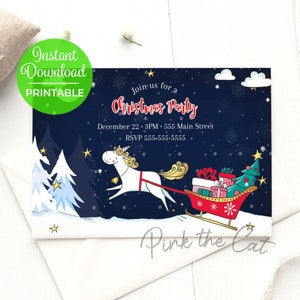 Unicorn Christmas Party Invitation, Unicorn Christmas Invitation Kids Birthday Party Invitation, Christmas Invitation, Instant Download