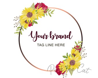 Sunflower and roses logo png for your etsy shop or any website or business, rustic wreath watercolor premade design
