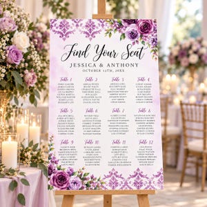May include: A wedding seating chart sign featuring purple damask patterns and floral accents. The text reads Find Your Seat, JESSICA & ANTHONY, OCTOBER 12TH, 20XX, followed by a list of twelve tables with names printed in black ink.