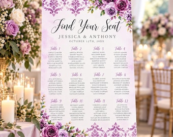 Floral Purple Wedding Seating Chart, Elegant Wedding Sign Printed and Shipped