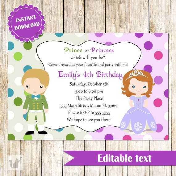 Prince and Princess Invitation - Green Purple Printable Kids