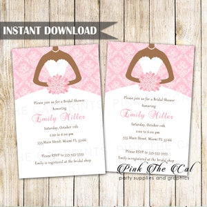 Pink White Bridal Shower Invitation - Pink Damask Wedding Shower Invitation African American Bride Dress Editable File INSTANT DOWNLOAD