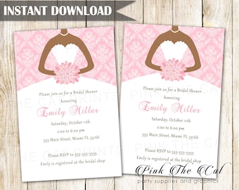 Witte bruids douche uitnodiging roze - Pink Damask bruiloft douche uitnodiging African American bruid jurk bewerkbaar bestand direct downloaden