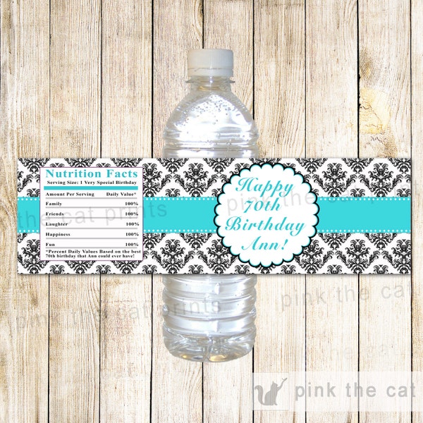 Turquoise Black Damask Adult Birthday Party Bottle Label 70th Birthday or Any Age Printable File Personalized Unisex Water Bottle Wrapper
